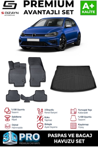S-dizayn Vw Golf 7 3d Pro Havuzlu Paspas Ve Bagaj Havuzu Seti 2'li Set 2012-2020 A+ Kalite