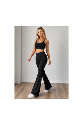 Unika Boutique Kadın Siyah Yüksek Bel Toparlayıcı İspanyol Paça Tayt Spor Tayt Pantolon