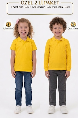 Nacar Store Unisex Çocuk Uzun Ve Kısa Kollu Polo Yaka Okul Tişörtü 2'li Set Orta Koyu Sarı