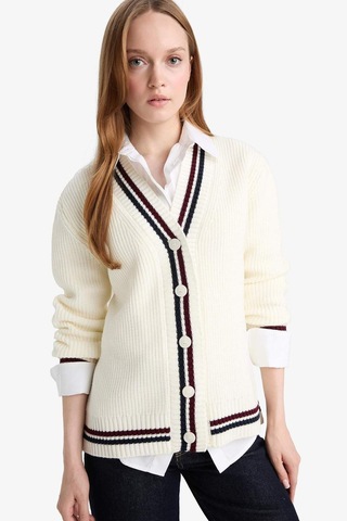Defacto Regular Fit V Yaka Düğmeli Hırka D5030ax25auer99 Ekru