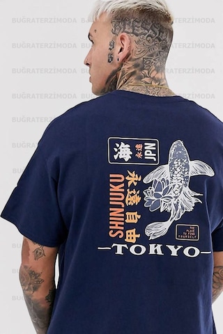 Noıssey Buğraterzimoda Tokyo Sırt Baskılı Unisex Oversize Bol Kalıp Lacivert T-shirt Bttkyy5648