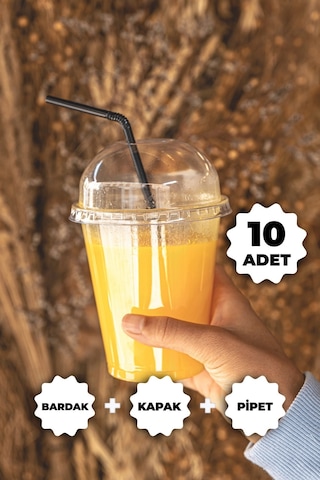Plastik Milkshake Bardağı Kapak Pipet 12 Oz 350 Cc - 10 Adet
