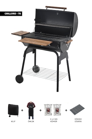 Grillord 75 Kömürlü Barbekü 1 Adet Döküm Izgaralı + Hediye Seti Önlük + Kılıf + 2 2 Kg Kömür Gümüş - Siyah