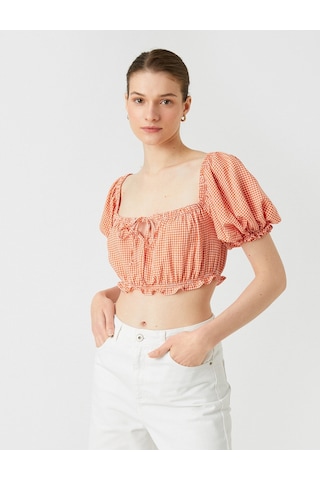 Koton Crop Bluz Kare Yaka Balon Kollu Turuncu Ekose 2sak60189ew 2SAK60189EW2C0 Turuncu