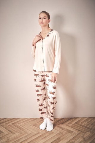 Fullamoda Kaplan Desenli Gömlek Yaka 2 Li Pijama Takımı 24mıcg631216521-bej Bej