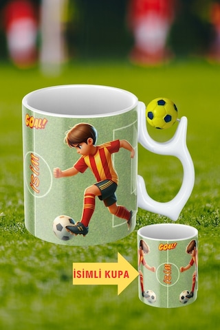 Sarı Lacivert Futbol Toplu Sarı Kırmızı Forma Oyunculu Taraftar İsimli Baskılı Kupa Bardak Beyaz