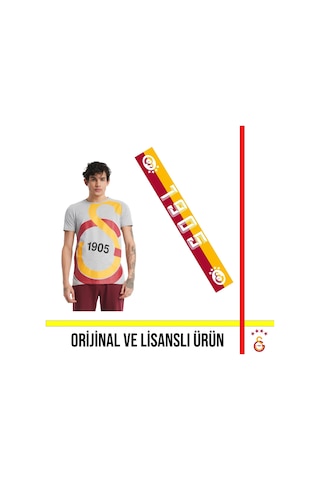 Galatasaray Lisanslı Büyük Logolu Gri T-shirt Ve 1905 Yazılı Atkı Gri