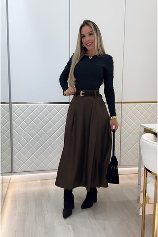 Kadın Yüksek Belli Maxi Deri Kemersiz Etek Kahve