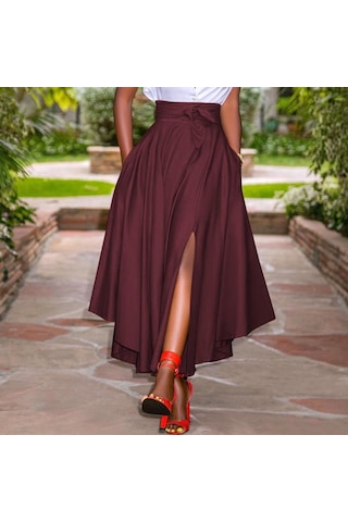 Zanzea Bayan Yaz Yüksek Bel A Hattı Yırtmaçlı Etek Cepli Şarap Kırmızısı Bordo