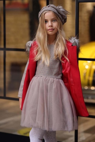 Riccotarz Kız Çocuk Üzeri Kare Desenli Eteği Tüllü Elbise Kürk Detaylı Kolsuz Kırmızı Kaşe Kırmızı