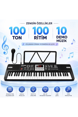 61 Tuşlu Elektronik Org Piyano Çocuk Beni Başlayanlar İçin Mikrofonlu Org Başlangıç Için Keyboard Demolu Siyah