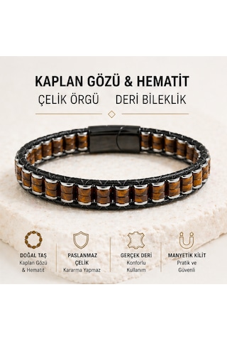 Premium Kaplan Gözü & Hematit Erkek Bileklik Çelik Kilitli Şık Deri Örgü Tasarım Kahverengi
