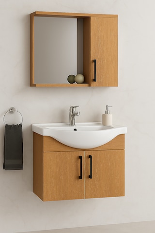 Lacrime 65 Cm Ahşap Renkli Mdf, Oval Seramik Lavabolu, Alt Ve Üst Ahşap