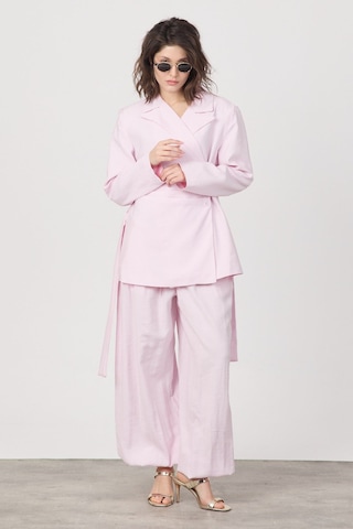 Diemmood Kadın Pile Ve Kemer Detaylı Pantolon Lastikli Pembe Oversize Takım