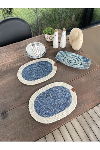 Bohem Tarz 2 Li Doğal İp Amerikan Servis Hasır Görünümlü, Leke Tutmaz, Beyaz-mavi 40x28 Cm Mavi/beyaz