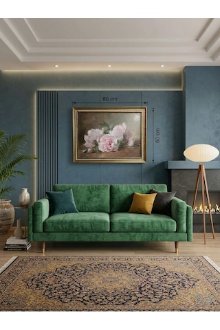 Gold Çerçeveli Vintage Natürmort Dekoratif Tablo - Pembe Çiçekler - 80x60 Cm
