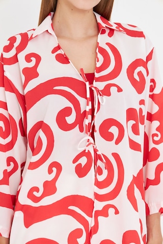 Armonika Kadın Kırmızı-beyaz Gömlek Yakalı Önden Bağcıklı Kimono Gömlek Arm-25k001006