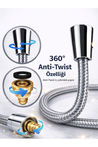150 Cm Çelik Örgülü Duş Hortumu 1/2 Bağlantı 360 Kırılmaz Paslanmaz Gri