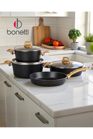 Bonetti 7 Parça Granit Tencere Seti Yapışmaz, Çizilmez, Kolay Temizlik Cam Kapaklı Tencere Takımı Siyah