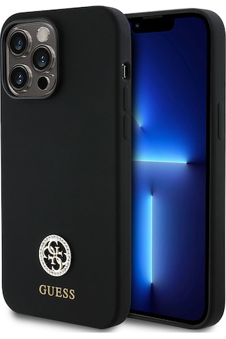 Apple Uyumlu iPhone 14 Pro Max Kılıf Guess Lisanslı Yazı Ve Taşlı 4g Logolu Silikon Kapak Siyah