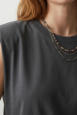 Elemge %100 Pamuk Süprem Tok Kumaş Kadın Oversize Antrasit T-shirt Geniş Omuzlu Dökümlü Kolsuz Bol Kalıp