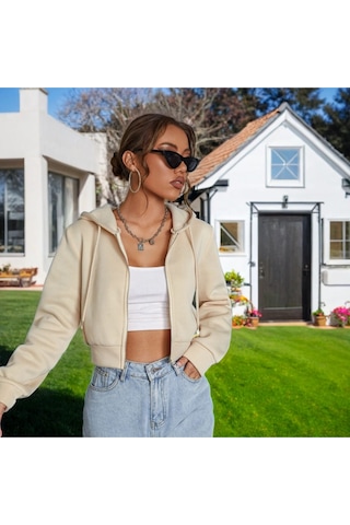 Kadın Kapüşonlu Fermuarlı Crop Hırka Sweatshirt -üç İplik Şardonlu