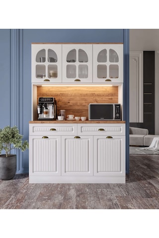 Efes Kahve Köşesi - 140 Cm Mdf Mutfak Dolabı - Led Aydınlatmalı - Atlantik Çam - Beyaz