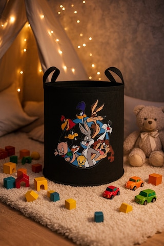 Keçe Oyuncak Sepeti Çizgi Film Desenli, Katlanabilir Kulplu, Çocuk Odası Düzenleyici 38x39 Siyah