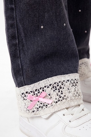 Joy Kids Kız Çocuk Dantel Işlemeli Paça Taşlı Özel Premium Seri Kot Pantolon 12-15yaş Siyah