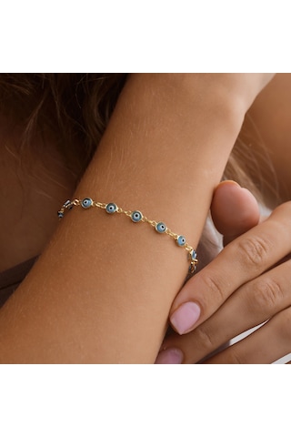 Queen Silver Jewelry 925 Ayar Gümüş Sıralı Nazar Boncuklu Bileklik Altın