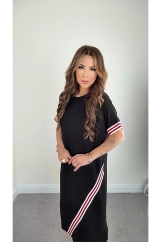 Defymoda Kadın Kol Ve Etek Şerit Detaylı Midi Boy Elbise Siyah