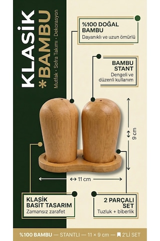 Makri Home Klasik Stantlı Bambu Tuzluk & Karabiberlik Seti Doğal Bambu Baharatlık Diğer