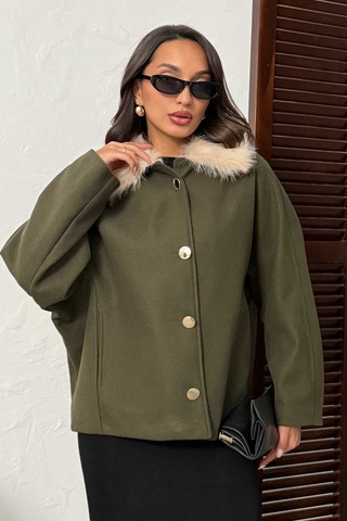 Verymoda Peluş Yakalı Dügmeli Kaşe Mont F2048 Haki