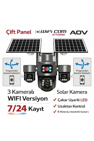 3 Kameralı 6 Motorlu Wifi Solar Kamera - Aov 7/24 Kayıt