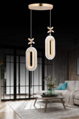 Alfa Led 2'li Gold 3 Renk Modu Ledli Kristal Taşlı Modern Led Avize Gold
