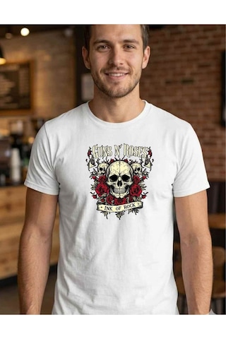 Erkek Kısa Kollu Pamuklu Guns N'roses Baskılı Regular Kesim Beyaz T-shirt Beyaz