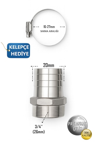 Paslanmaz Hortum Rekoru - 3/4inç Rekor + Kelepçe Set - Krom Çelik Hortum Ucu - 304 Kalite 3/4"