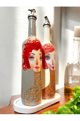 El Yapımı Kırmızı Saçlı Kadın Desenli Vintage Cam Şişe Yağdanlık Seti, Dekoratif Mutfak & Sofra Ürün Vizon