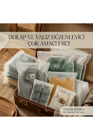 Fermuarlı Yarım Mat Buzlu Şeffaf Tekstil Saklama Torbası Seti, 140 Mikron, Bpa İçermez 5 Farklı Ölçü Her Ölçüden 5'er Adet -toplam 25 Parça