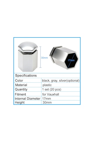 Shineyee Vauxhall İçin 17mm Çelik Jant Somun Kapakları 20 Adet + Montaj Aracı, 30mm Yükseklik, Gümüş Renk
