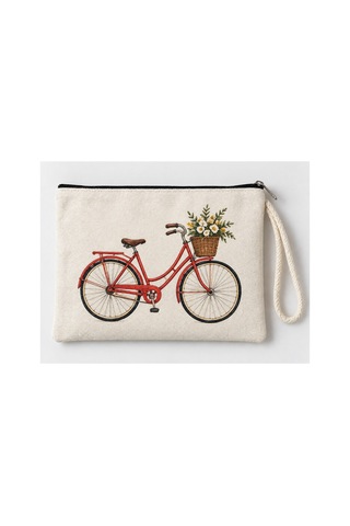 Çiçek Sepetli Bisiklet Baskılı Fermuarlı Makyaj Çantası Bozuk Para Cüzdanı Clutch