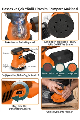Steiner 700w 6 Kademe Devir Ayarlı 125mm Toz Toplama Sistemli Eksantrik Zımpara Makinesi Turuncu