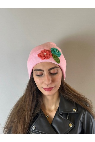 Gönülden Tasarım El Örgüsü Çiçek İşleme Kadın Bere Pembe