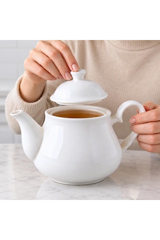 Lexroo Porselen Demlik 650 Ml, Beyaz Kapaklı Çay Demliği, Oval Kulplu Ve Uzun Dökme Ağızlı