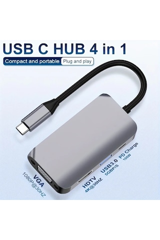 Honeybeeshop 4ü 1 Arada Usb C Hub Hdtv Vga Usb 30 4k 1080p 100w Hızlı Şarj Alüminyum Kasa Altın Kaplama Port Dizüstü Macbook Uyumlu Dell Hp