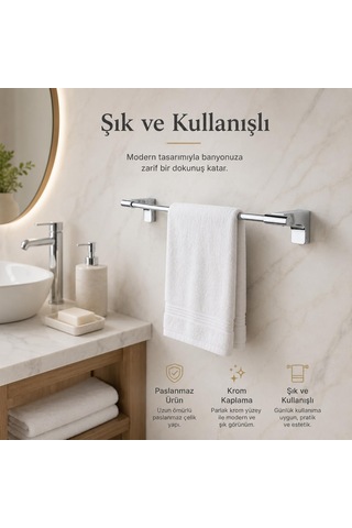 Alper Banyo F1 Model Lüx Krom Paslanmaz Uzun Havlu Askısı, 40 Cm,