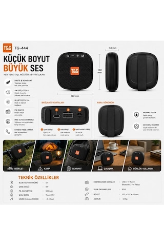 T&g Tg-444 Bluetooth 5.4 Taşınabilir Mini Hoparlör 5w Ipx6 Suya Dayanıklı Fm Radyo Usb Siyah