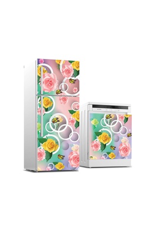 Buzdolabı Ve Bulaşık Makinası Beyaz Eşya Sticker Kaplama Sarı Çiçek Kelebek