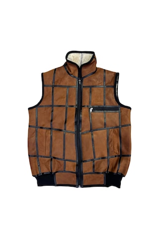 Içi Kürk-Dışı Süet Gerçek Deri Yakalı Ve Trikolu Yelek Tarçın