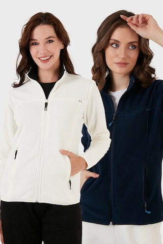 Lela Slim Fit Anti-Pilling Tüylenme Yapmayan Fermuarlı Cepli Hırka 2' Li Paket Bayan Polar 5907002S2 Ekru-Lacivert